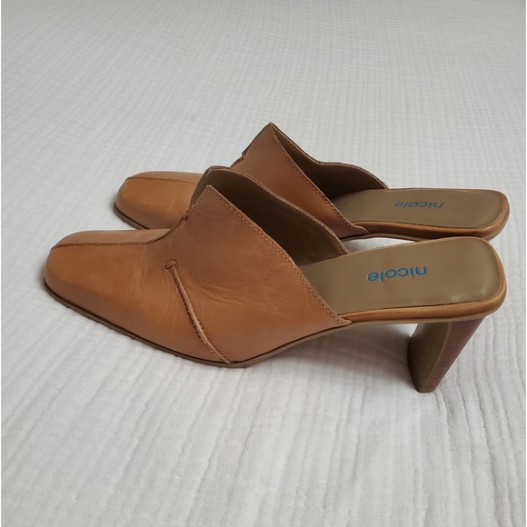 Nicole Slip On Tan Leather Mules Size 8 Classic Boho Chic Vintage Retro Fall - Picture 2 of 12